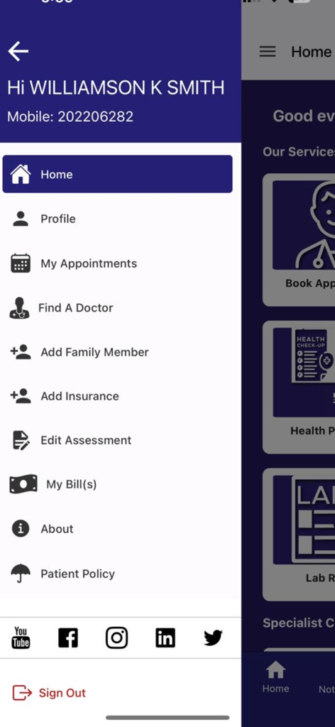 Menu lateral do usuário do aplicativo móvel Canadian Specialist Hospital exibindo opções de navegação como consultas e faturamento
