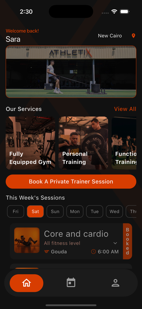 Athletix Eg - Athletix Eg app home screen showing fitness services, private trainer booking button, and a weekly workout schedule.