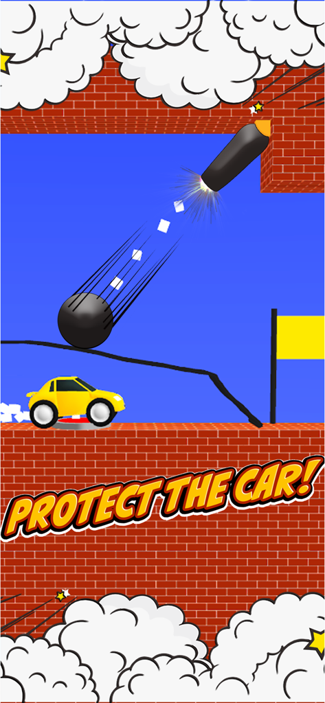 Draw Bridge - Puzzle Game - Un coche amarillo protegido de una bola de demolición que cae por una línea de puente dibujada en un juego de puzles de física