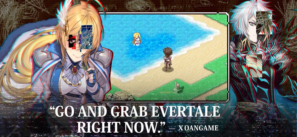 Evertale - Gráfico promocional de Evertale con personajes de anime distorsionados y una escena de juego en la playa con una cita de testimonio.