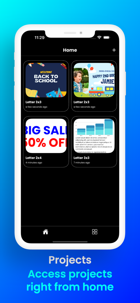 Docuslice - Poster Printing - Docuslice app home screen showing a gallery of saved poster projects including school and birthday banners.