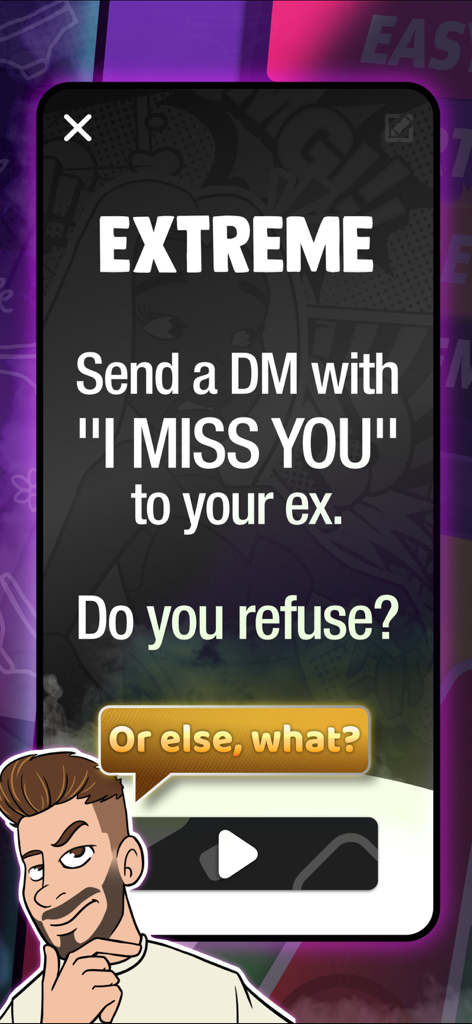 Partybus · Party Games - Screenshot of the Partybus app showing an extreme dare to send a direct message to an ex-partner
