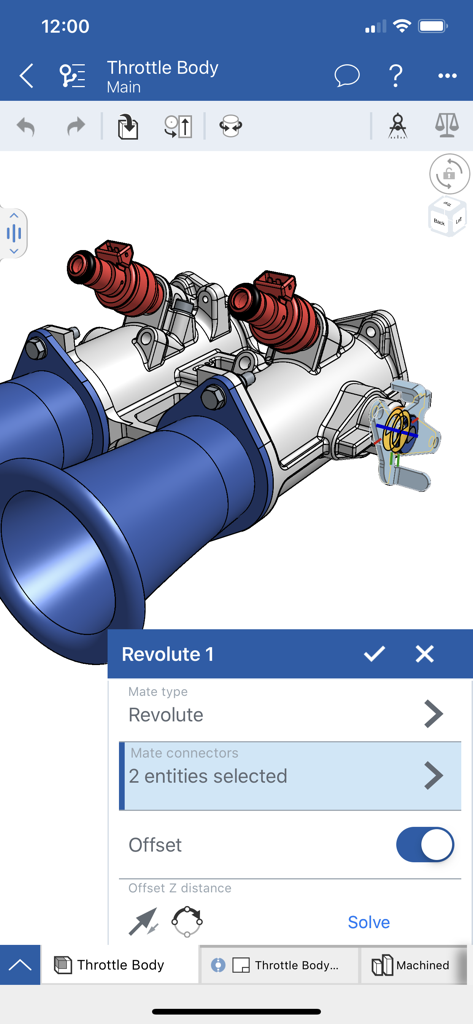 Um modelo CAD 3D profissional de uma montagem de corpo de borboleta sendo editado na interface móvel Onshape com um menu de configuração de junção rotativa aberto.