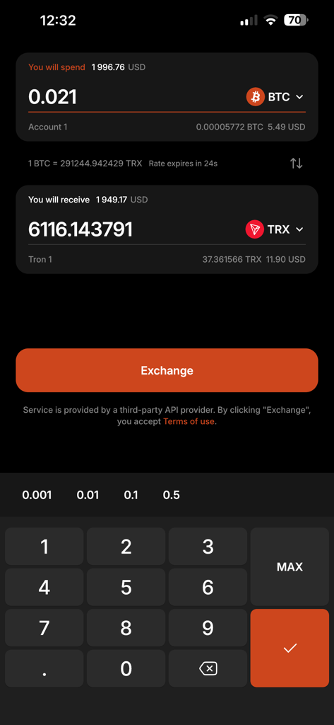 Mycelium Wallet - Mycelium Wallet exchange screen showing a transaction of Bitcoin to Tron on an iOS device