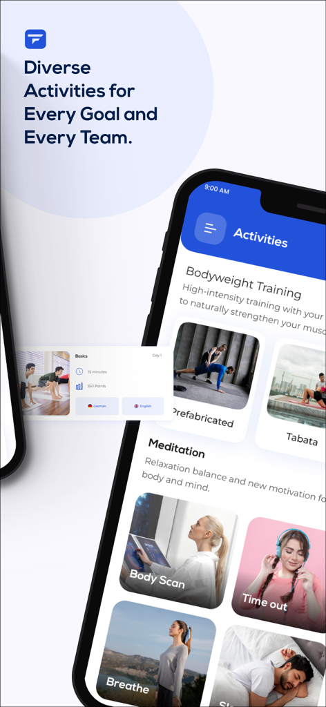 Teamfit - train as a team - A smartphone screen displaying the Teamfit app's activity list including bodyweight training and mindfulness categories like meditation and breathing exercises.