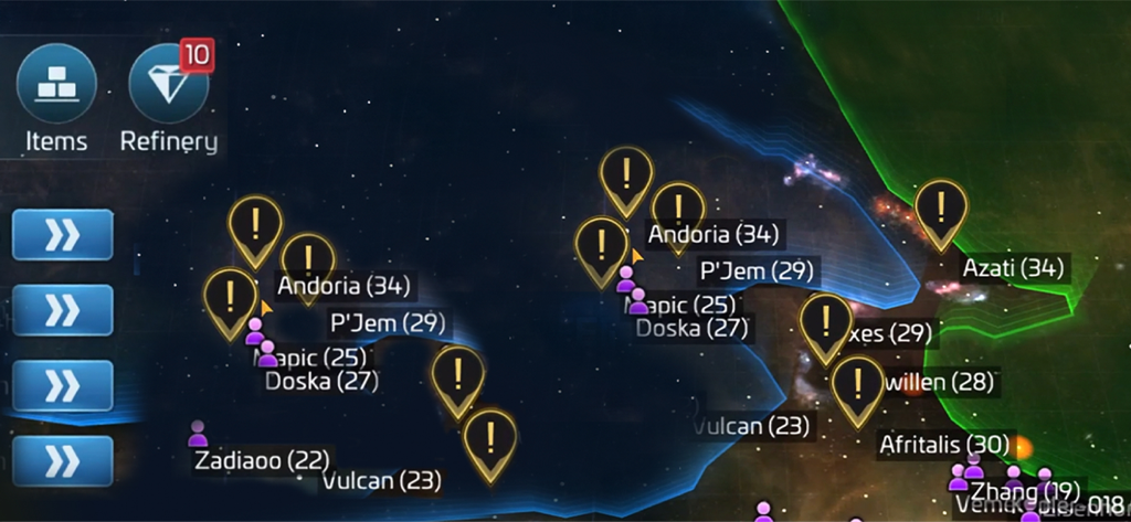 Star Trek Fleet Command galaxy map showing star systems and mission icons