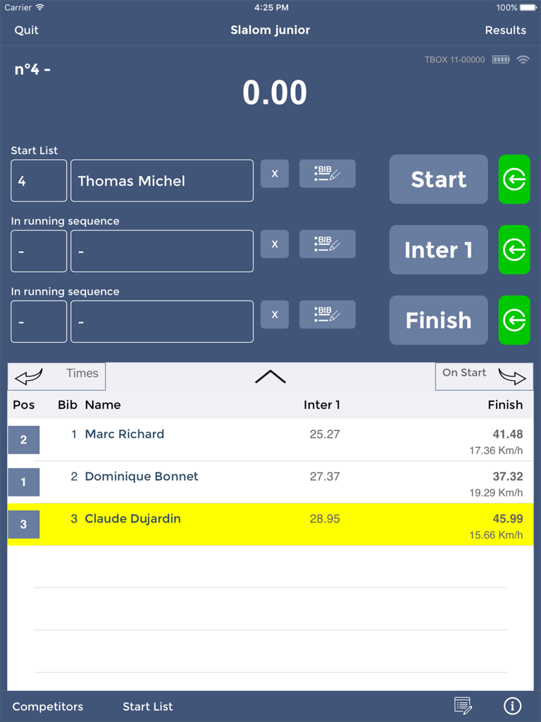FDS Smart Chrono - FDS Smart Chrono timing dashboard on iPad displaying live race results and competitor lists
