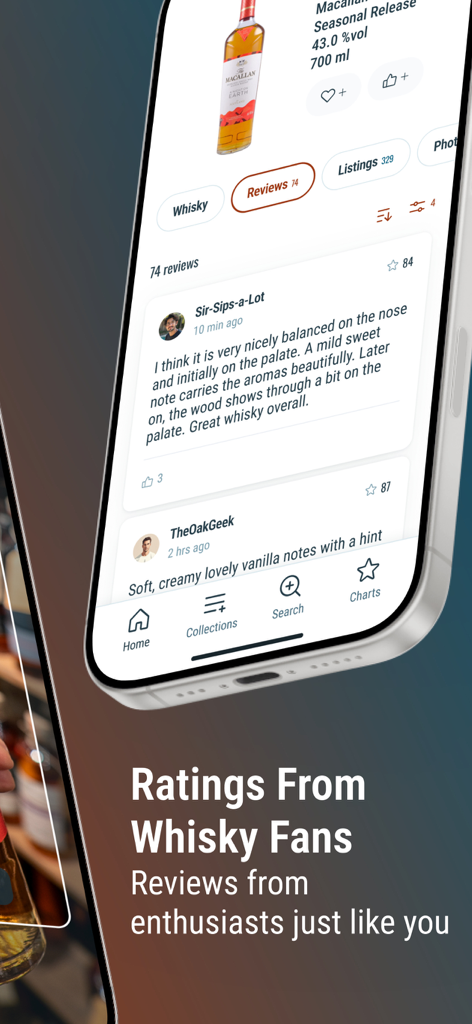 Whiskybase: Everything Whisky - Pantalla de aplicación móvil mostrando calificaciones y reseñas de whisky de una comunidad de entusiastas