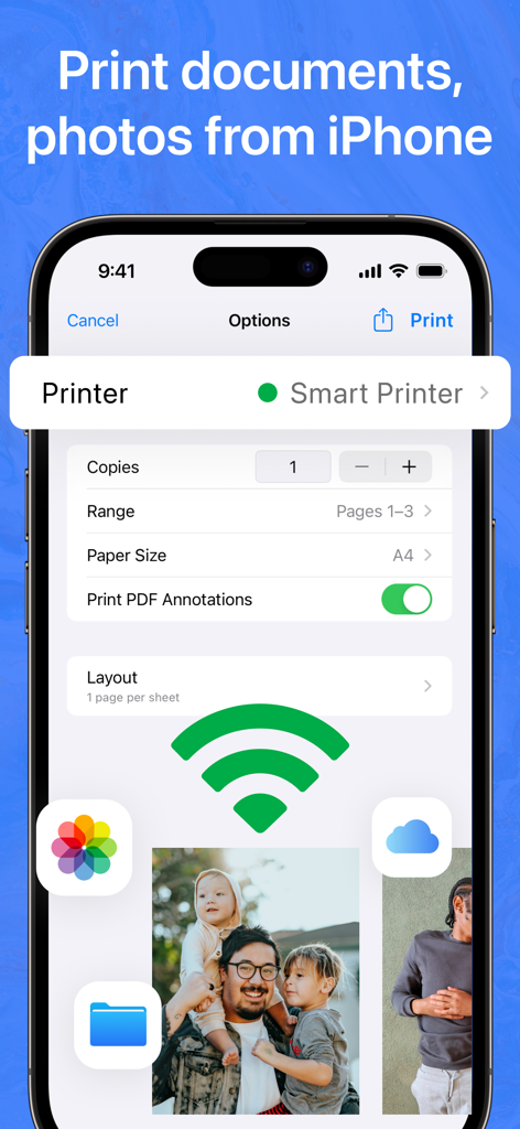 Interface do aplicativo Smart Printer no iPhone mostrando configurações de impressão de documentos e fotos com um ícone de conexão sem fio