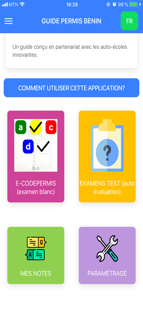 Dashboard of the Guide Permis Benin app showing options for mock exams and self evaluation