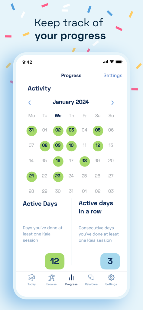 Kaia Health - Progress tracking screen in the Kaia Health app showing an activity calendar and active day statistics.