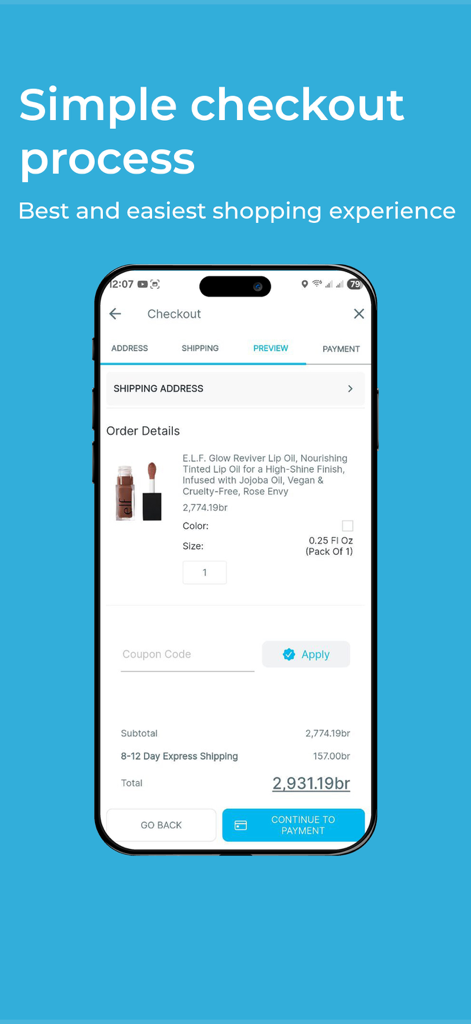 Brundo Shopping - Ethiopia - Checkout preview screen of the Brundo Shopping app showing order details and express shipping options to Ethiopia