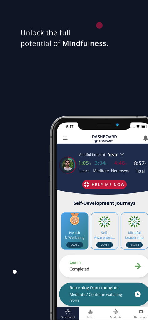 Dashboard dell'app Awakened Mind che mostra i progressi dell'utente nelle categorie di meditazione e leadership