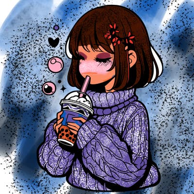 manga girl drinking boba in cozy sweater