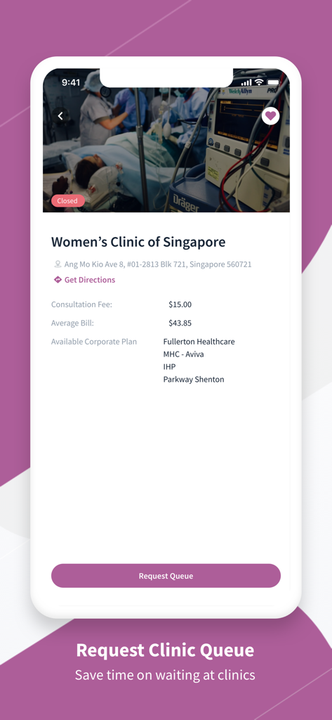 Minmed Connect - Minmed Connect app screen showing clinic information and a button to request a queue for medical services