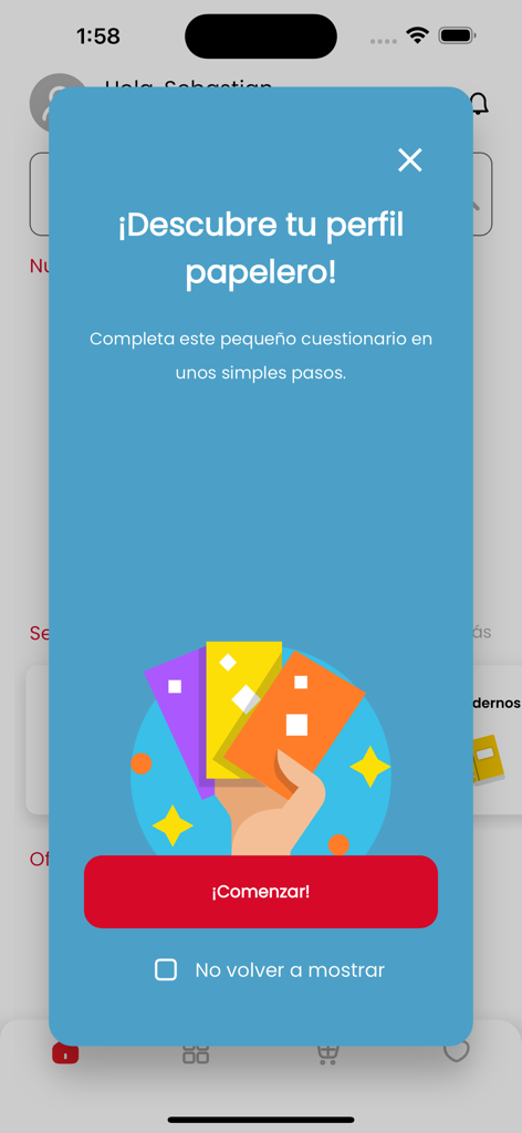 Marchand pAppe - A blue pop-up screen in the Marchand pAppe mobile app inviting users to take a stationery profile quiz
