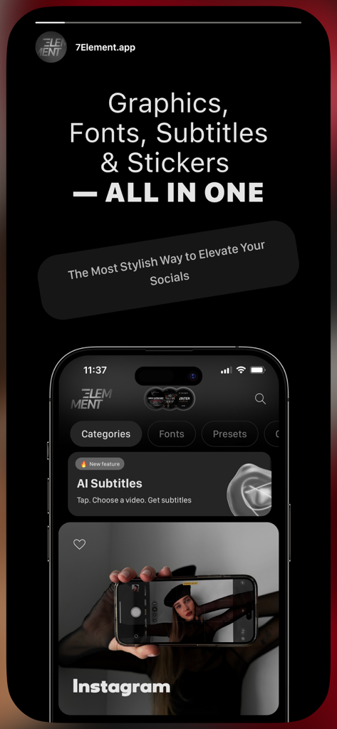 7Element: Fonts, Stickers, Sub - Promotional screenshot of 7Element app showing tools for graphics fonts subtitles and stickers on an iPhone screen