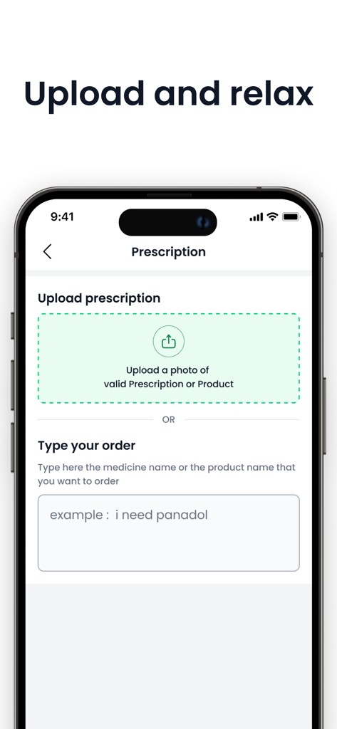 Chefaa mobile app screen showing options to upload a prescription photo or type a medicine name to order medications