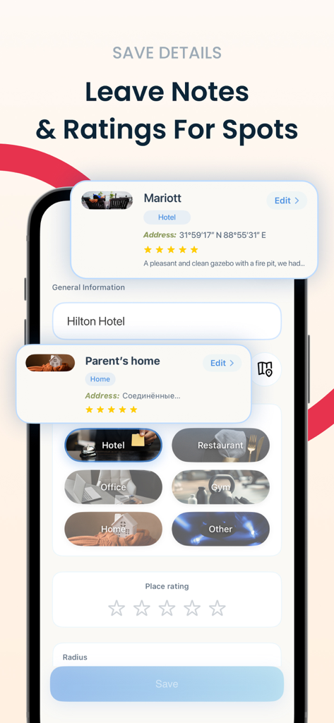 Find my Family Phone: Senti. - Interface mostrando como salvar locais familiares com notas e classificações de estrelas no aplicativo Senti
