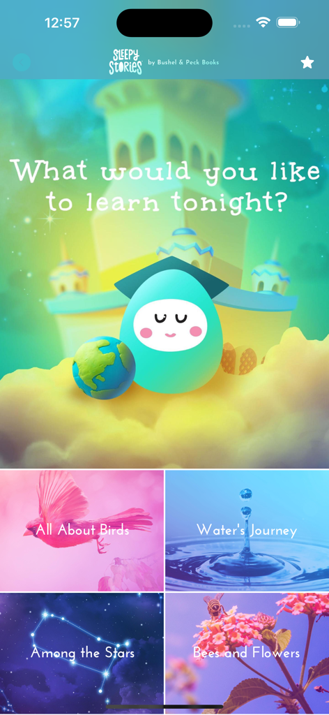 Sleepy Stories - Pantalla de la Torre del Aprendizaje de la aplicación Sleepy Stories con cuentos educativos para dormir sobre pájaros, agua, estrellas y abejas.