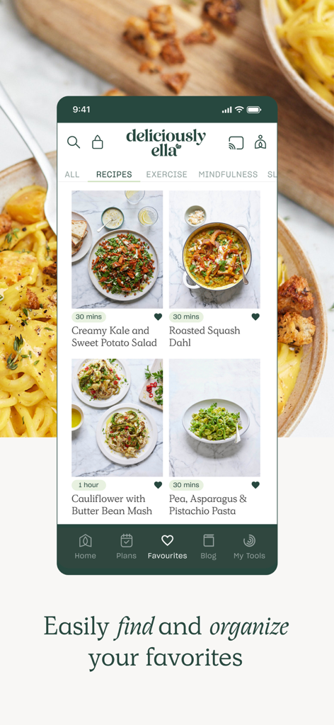 Deliciously Ella Feel Better app interface showing a list of healthy plant-based recipes and favorites feature