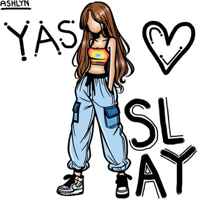 girl in baggy pants crop top and long hair