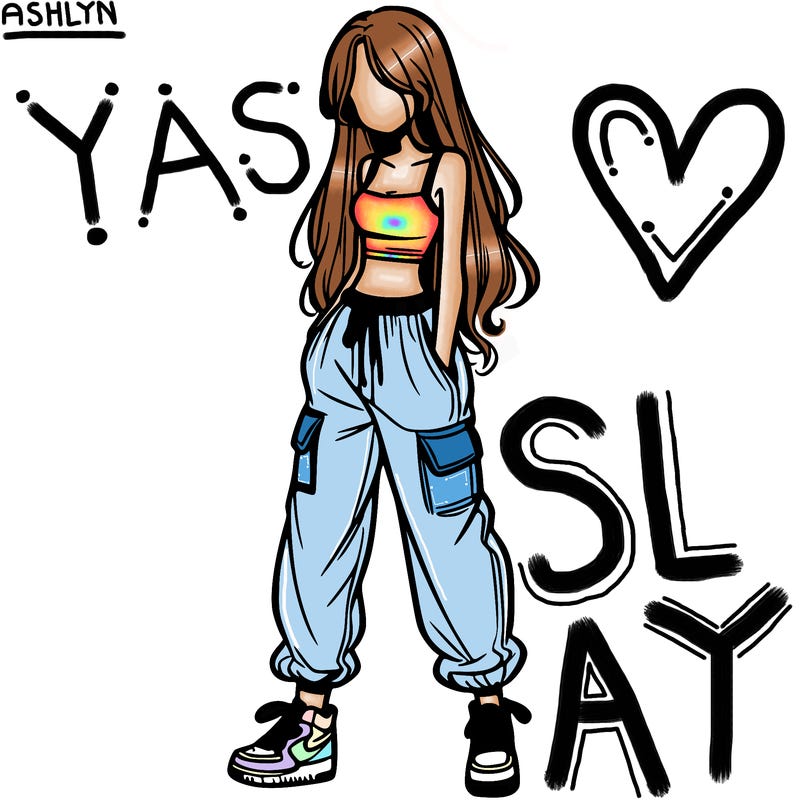 girl in baggy pants crop top and long hair