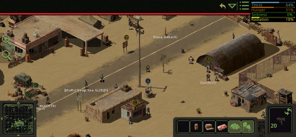 Omega Vanitas - Jugabilidad isométrica de arte de píxeles de Omega Vanitas que muestra un asentamiento desértico postapocalíptico con personajes jugadores y barras de estado de supervivencia