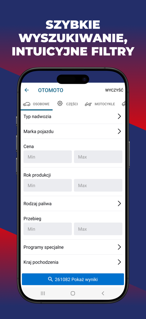 Mobile screen showing intuitive search filters for cars and motorcycles in the OTOMOTO automotive marketplace app.