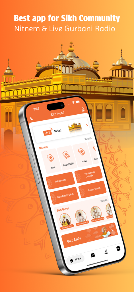 Sikh World app home screen showing Nitnem and live Gurbani radio features with Golden Temple background