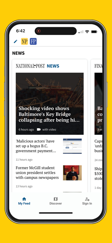 National Post - National Post news app home screen showing current headlines and navigation icons