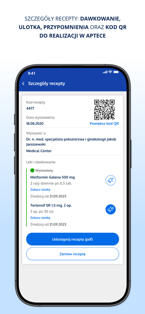mojeIKP - log in to health - mojeIKP app interface showing electronic prescription details with a QR code and medication information