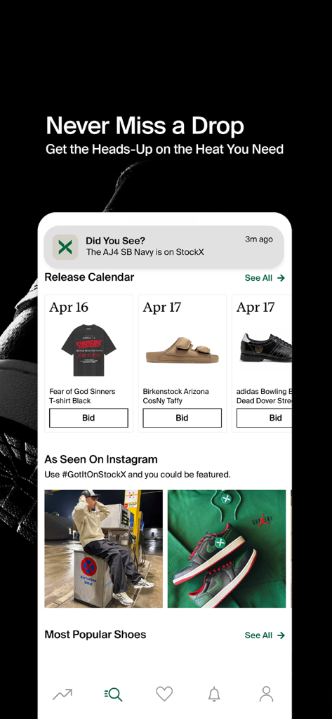 StockX app interface showing sneaker release calendar and drop notifications.