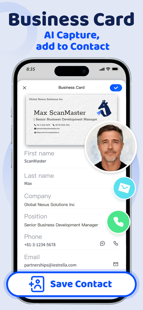 Scanner App: ScanMaster - ScanMaster app interface showing AI business card scanning and automatic contact data extraction