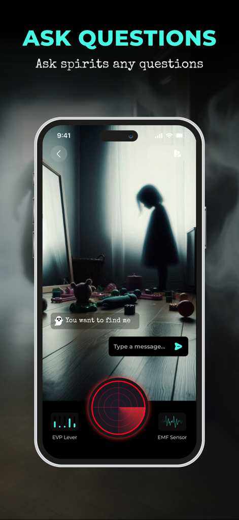 Ghost Detector - Spirit Talker - A mobile app interface for communicating with ghosts featuring a chat window and paranormal sensors