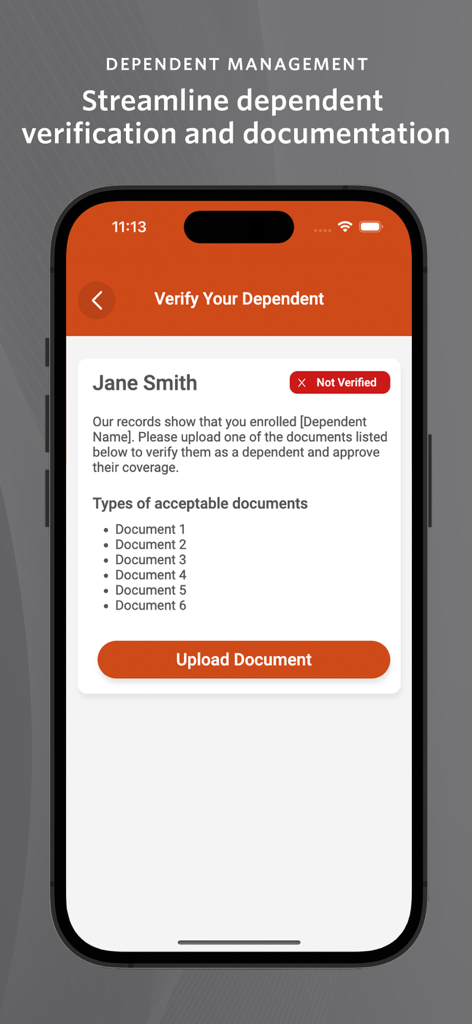 Bswift mobile app dependent verification screen for uploading documentation for dependents