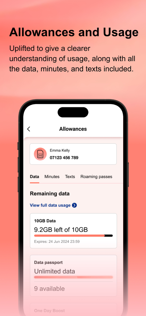 Visualizzazione su smartphone dell'app Three che mostra i dati mobili rimanenti e i dettagli del piano tariffario.