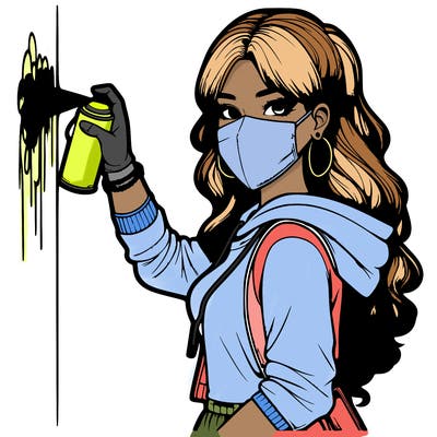 realistic girl with mask spray painting a wall
