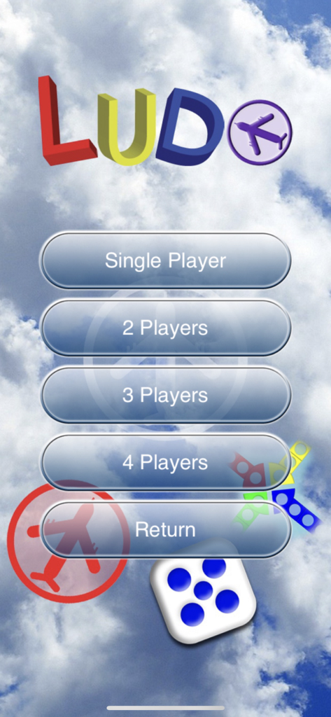Modern Ludo - Modern Ludo app main menu showing player selection options from single player to 4 players against a cloudy sky background