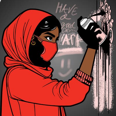 realistic girl with mask spray painting a wall