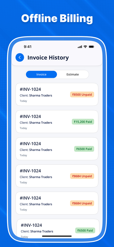 Mobile app screen showing a list of past GST invoices with paid and unpaid status labels.