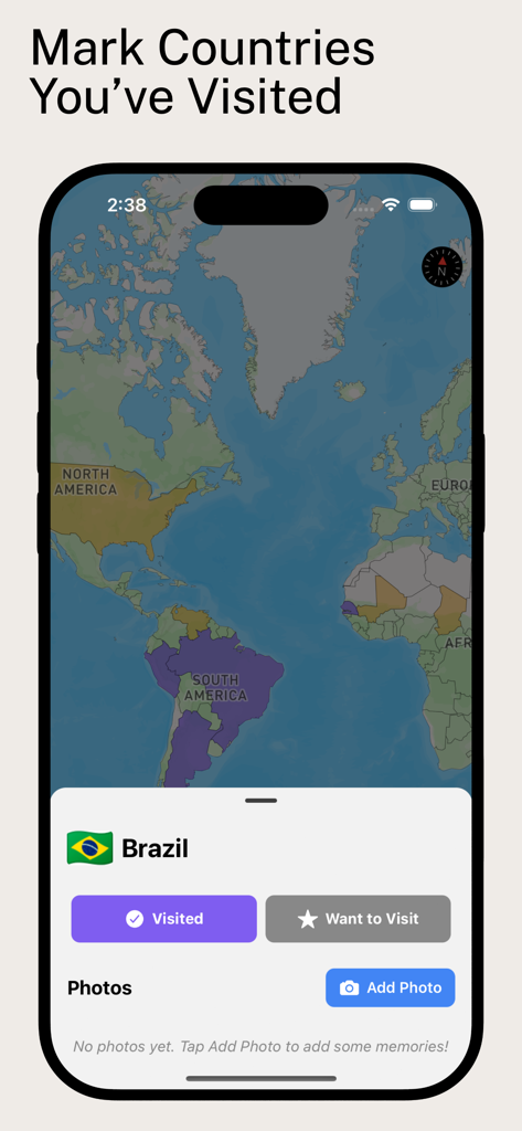 World Country Tracker Been-Map - Interface of the World Country Tracker app showing a world map with Brazil marked as visited and an option to add photos.