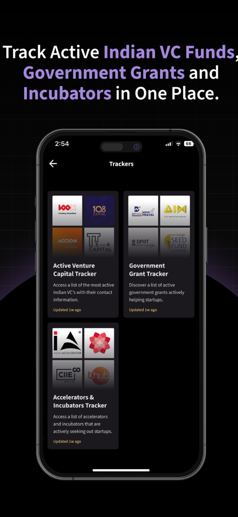 Medial - Startup News and Tech - Medial app screen showing trackers for Indian VC funds government grants and incubators