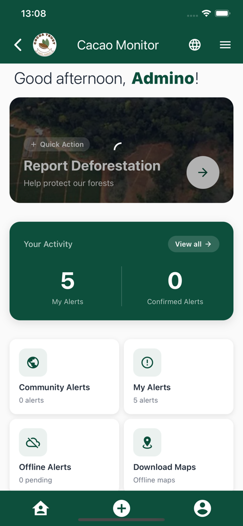 Cocoa Monitor - Panel de la aplicación móvil Cacao Monitor mostrando opciones de reporte de deforestación y actividad de alertas del usuario.