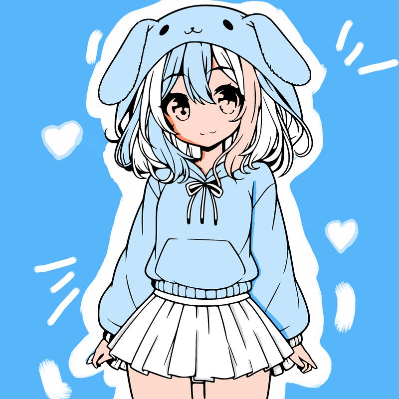 pretty anime girl wearing a fluffy hoodie with bunny ears on the hood and a skirt