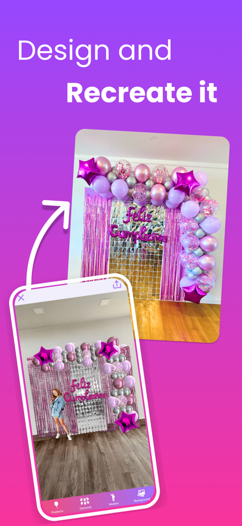 Creador (Party Designer) - Comparison of a digital balloon mockup in the Creador app and a real-life party decoration