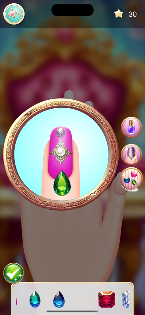 Princess- Make Over - Una vista de primer plano decorando una uña del dedo rosa con gemas verdes y perlas en un juego de salón de uñas real.