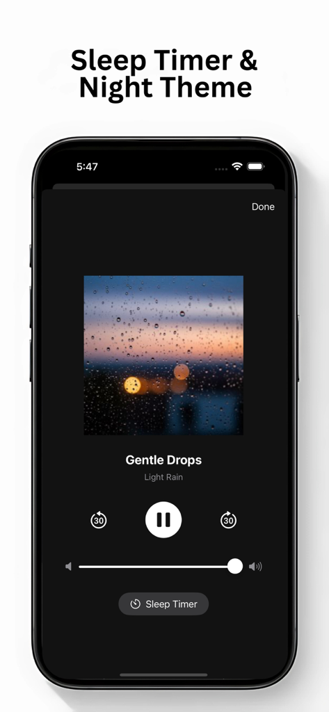 Rain Sounds・ - Interfaz de la aplicación de iPhone que muestra un temporizador de sueño y un tema oscuro nocturno para sonidos de lluvia.
