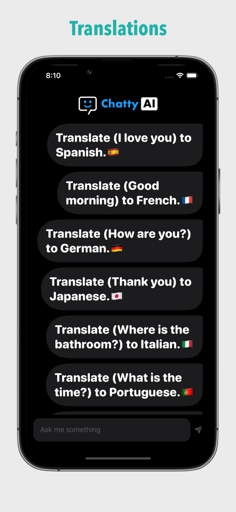AI Chat! | ChattyAI - Interfaz de la aplicación móvil ChattyAI que muestra funciones de traducción multilingüe