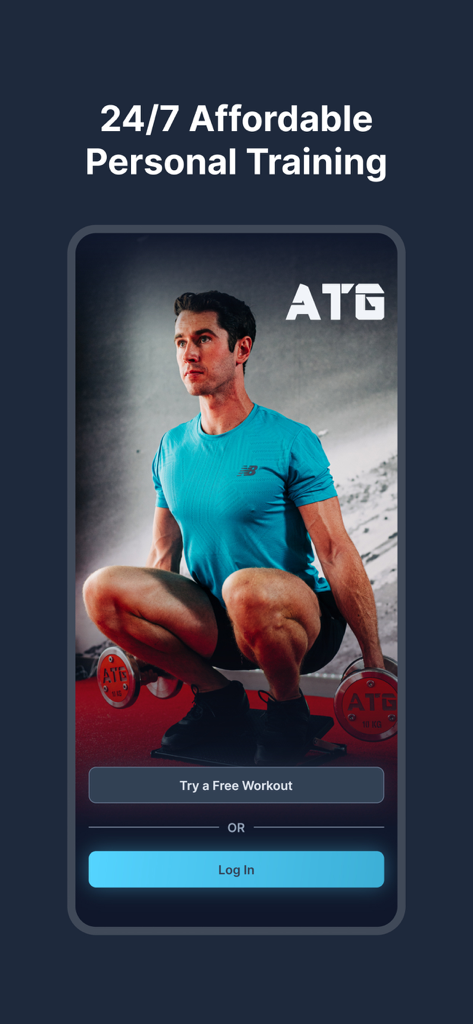 ATG Online Coaching - ATG Online Coaching app welcome screen showing a man performing a weighted squat on a slant board.